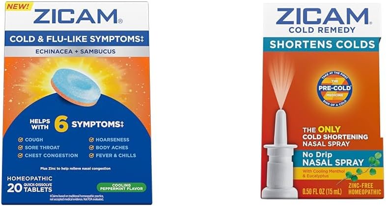 Zicam Cold & Flu Synmptoms 20 块板块和无滴鼻喷冷补救措施 0.5 Ounce