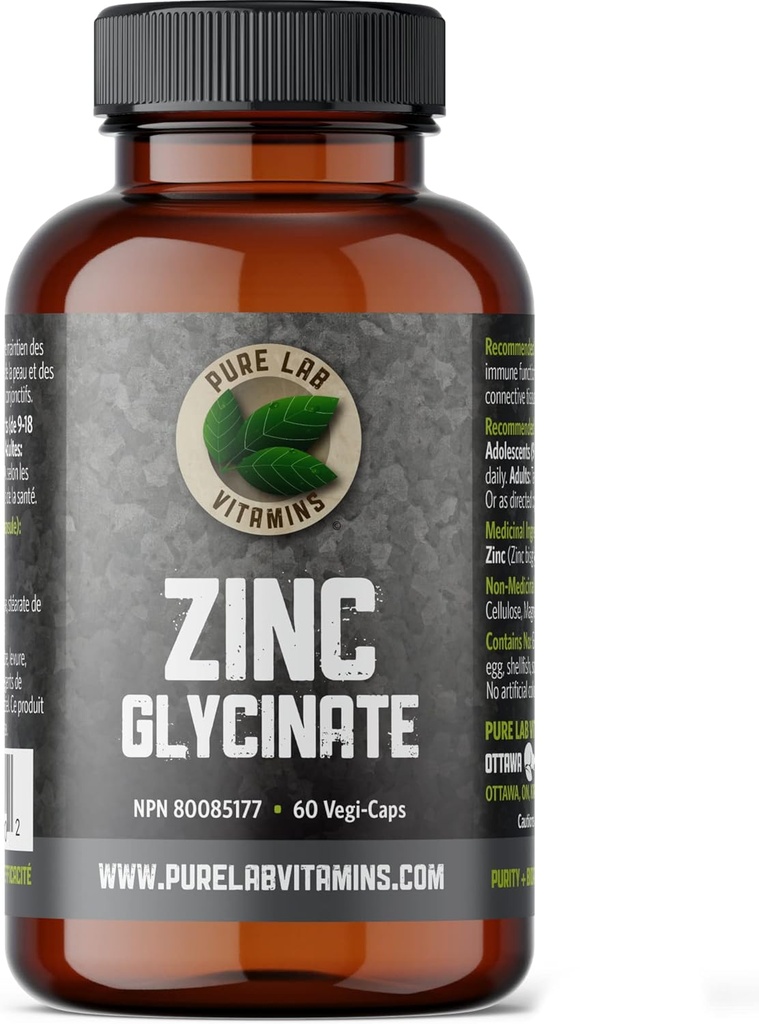 Glycnate锌23毫克补充剂 - 60 Vegan Caps 纯实验室维生素 - 氨基酸盐用于健康皮肤和钉子 - 支持Immune系统,前列腺,视觉 - 加拿大制造