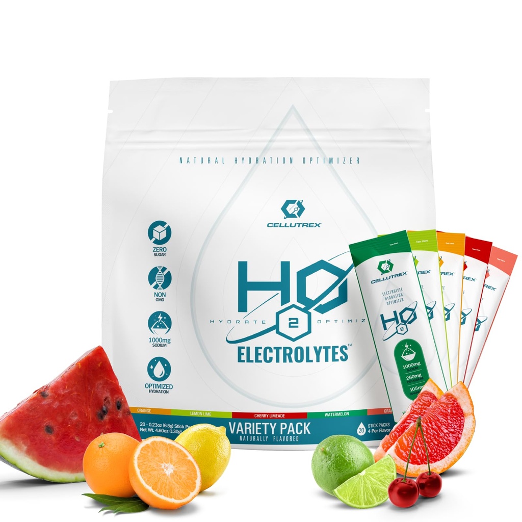 Cellutrex → H2O 电解质 – 电解质 粉末 饮料 混合剂 零糖 天然盐水分包 用于恢复与健康, 品种包, 20根棒