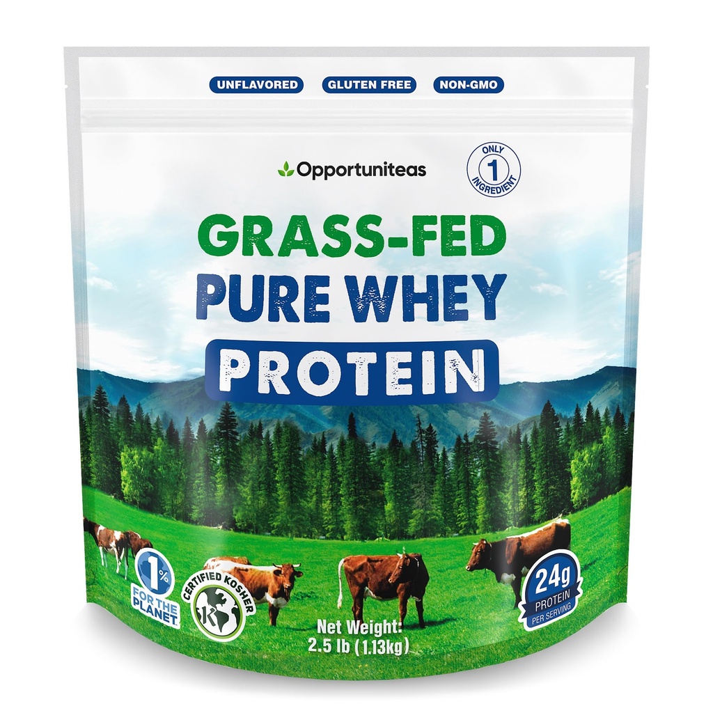 Opportuniteas Grass Fed Whey蛋白粉集中 - 1 成份 - 纯蛋白补充剂用于饮用,平滑,摇摆,烹饪和烘焙 - 非转基因O,Hormone Free & Gluten Free - 2.5磅