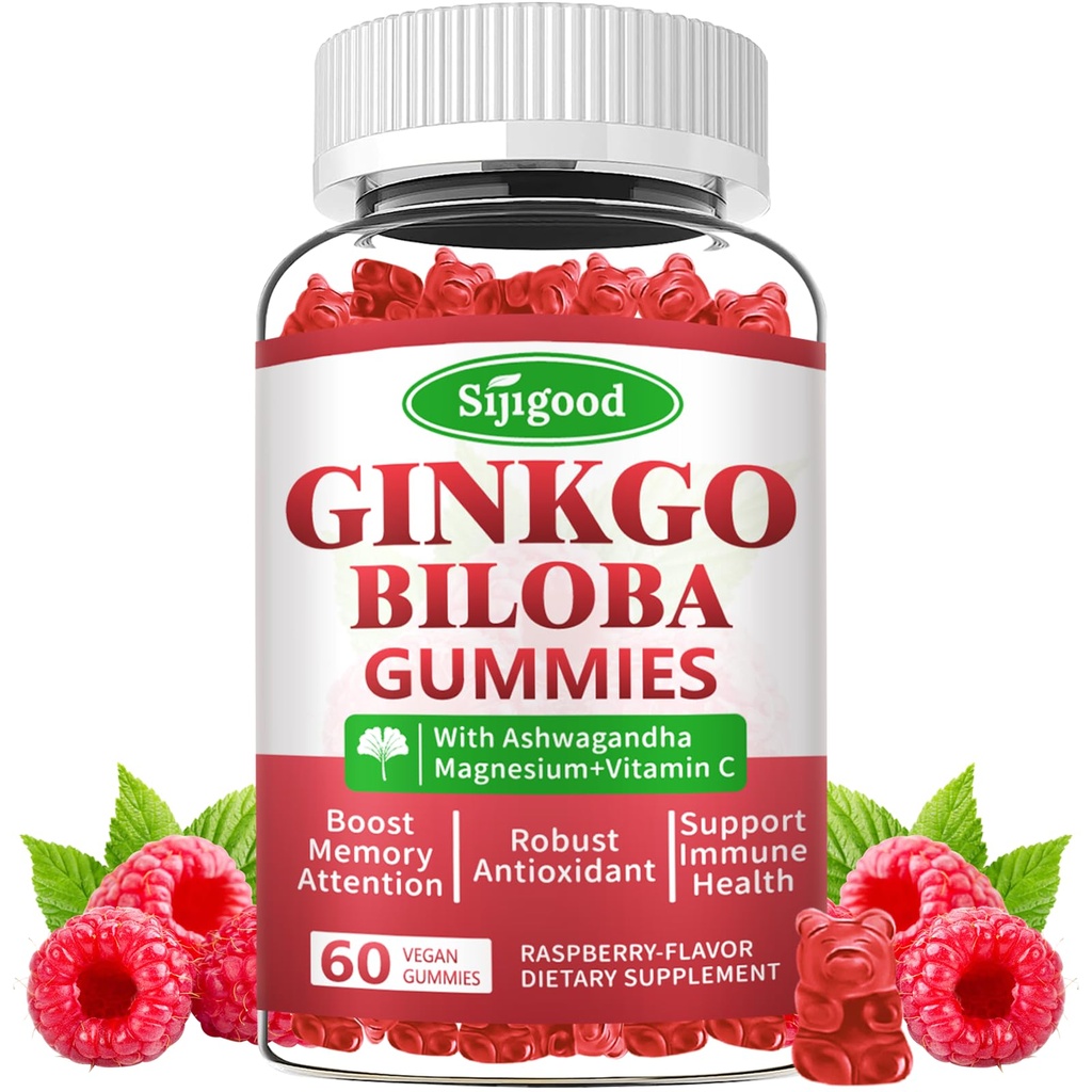 Ginkgo Biloba Gummys配有Panax Ginseng和Magnesium、Ginkgo Biloba 成人和儿童的焦点、记忆和脑健康补编、Vegan Raspberry Flavor Gummys, 60 Counter