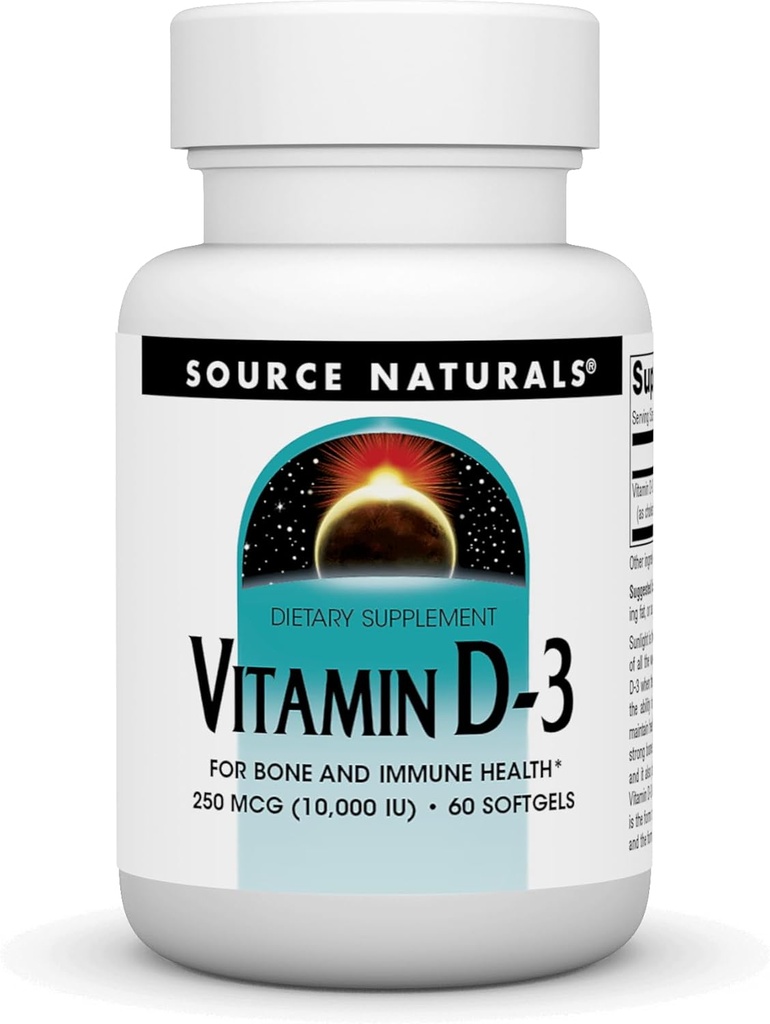 天然维生素D-3,支持骨质和免疫健康*,250毫克(10 000冰岛盾)-60软胶