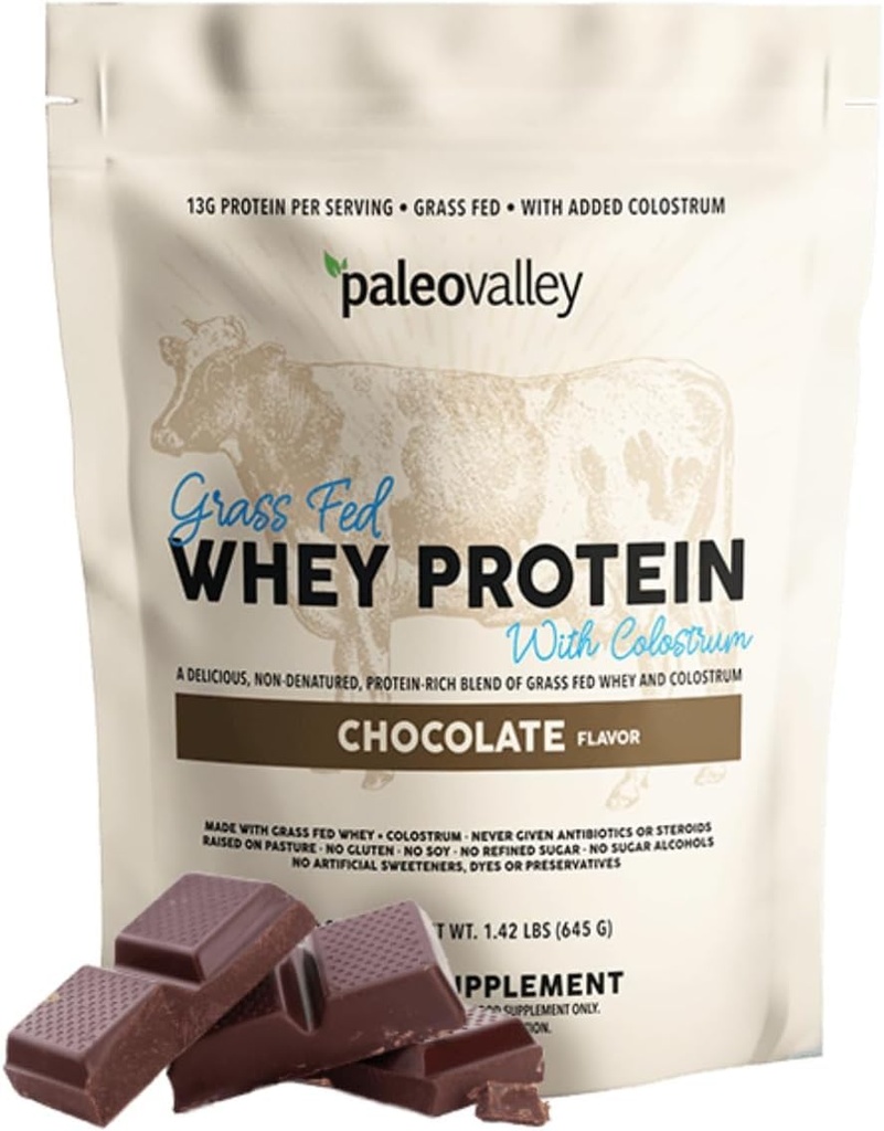 Paleovalley 100% Grassed Whey蛋白粉加Colostrum,13g蛋白,巧克力,肌肉建筑,免疫支持,Gut健康