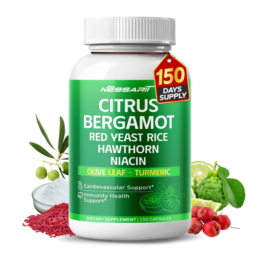 Citrus Bergamot 补编 - 15-in-1 天然混合剂,配以红叶大米 Hawthorn 橄榄叶 无奥多尔克 蒜皮 Turmeric Ginger Fenugreek - 150 Counter - 在美国制作和试验