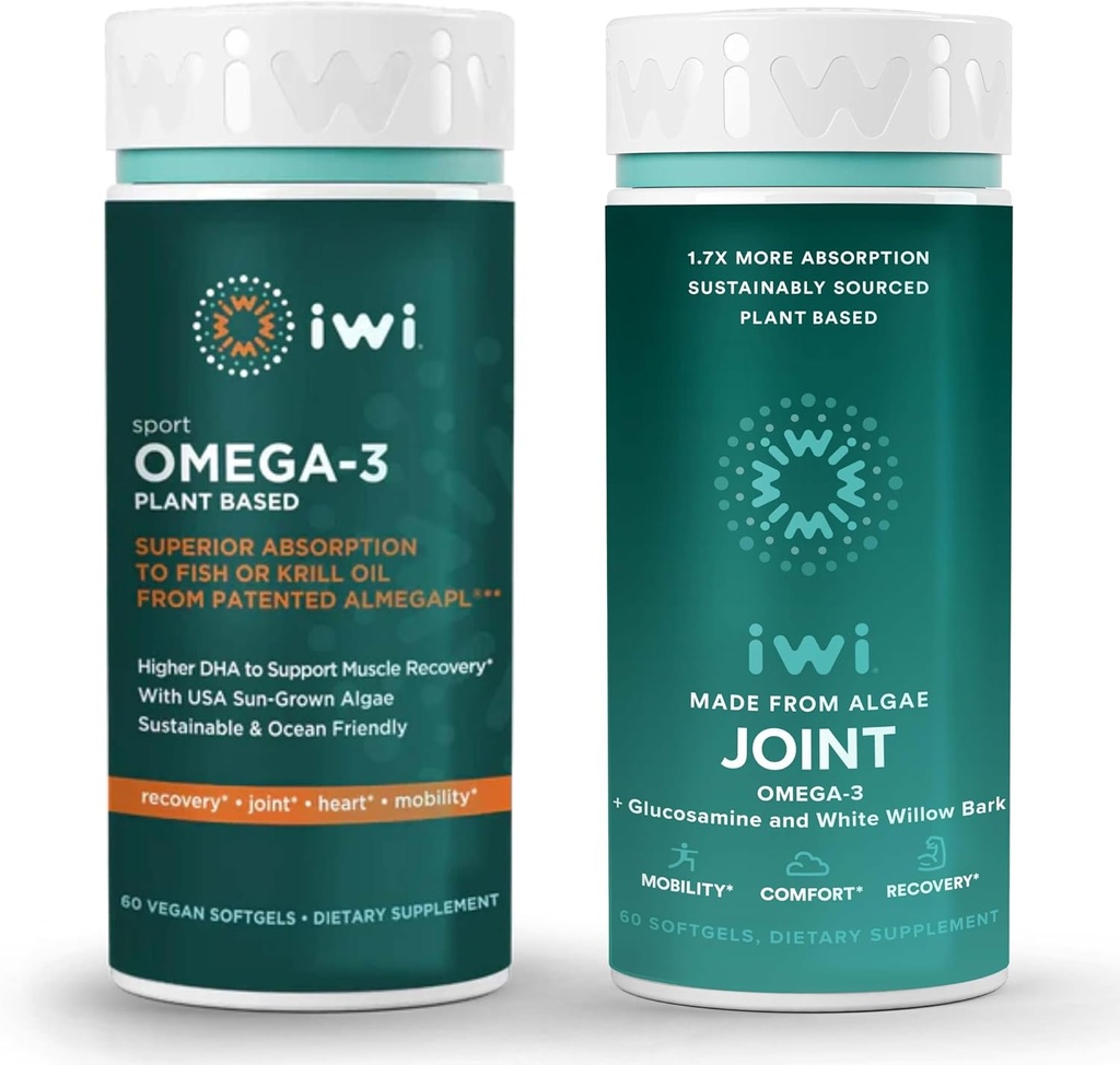 iwi Omega-3 运动和联合Omega-3 Bundle,30名服务员,Vegan Plant-Based Algae Omega 3,Krill & Fish Oil替代产品,无鱼味余味