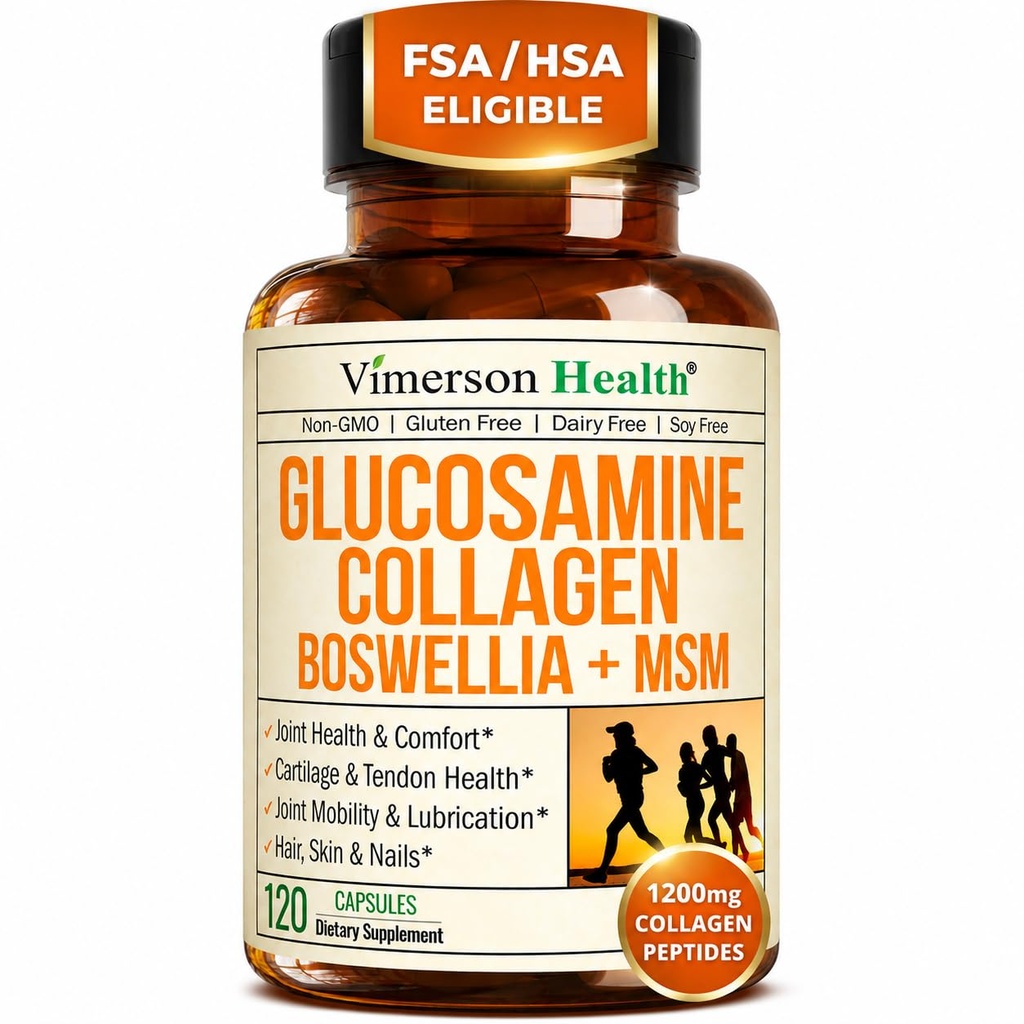 Glucosamine Chondroitin MSM 配有水解的Collagen Peptides - 配有Quercetin、Bromelain & Boswellia 提取剂的联合支持补充剂 - 毛皮钉的Collagen药 - FSA 配有120盖