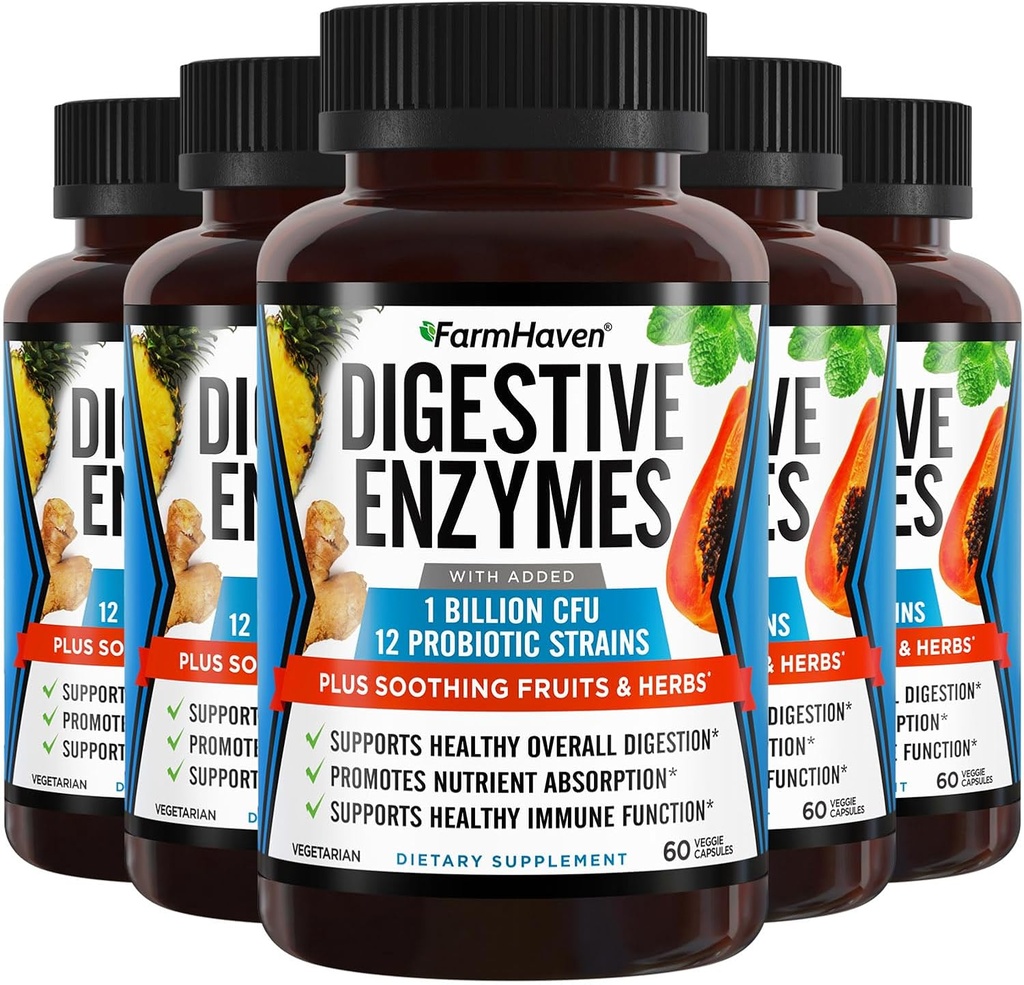 FarmHaven Digestive Enzymes with 18 Probiotics & Herbs | Papaya, Bromelain, Protease & More for Lactose Absorption & Better Digestion | Helps Bloating, Gas, Constipation | Vegetarian, 300 Capsules