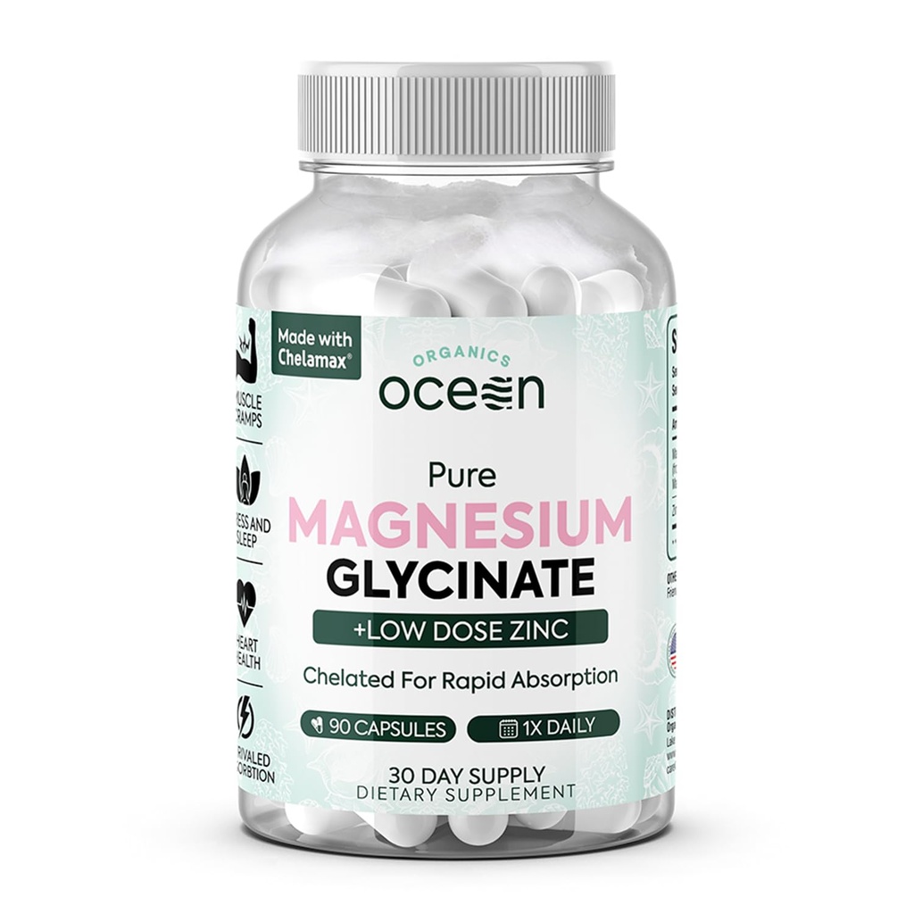 Organics Ocean Pure Magnesium Glycinate Supplement with Zinc, 90 Capsules