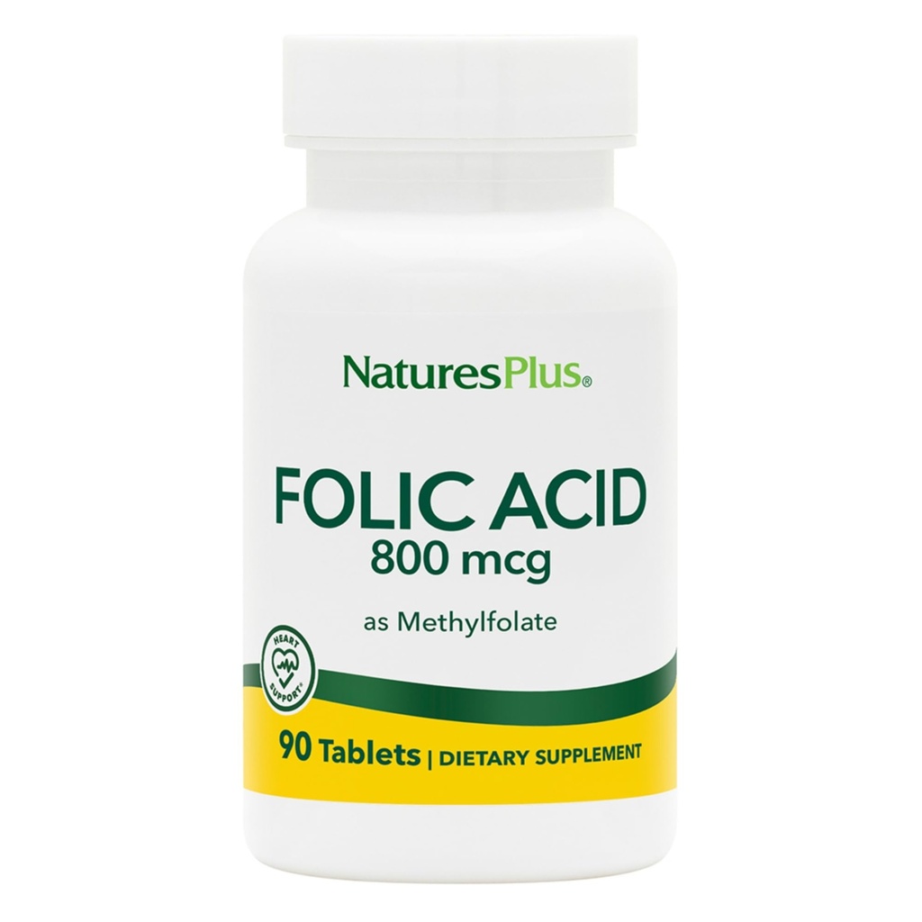 Natures Plus Folic Acid (Methylfolate) - 800 mcg, 90 Vegan 片 - 支持健康组织生长 - 蔬菜,无葡萄糖 - 90 services