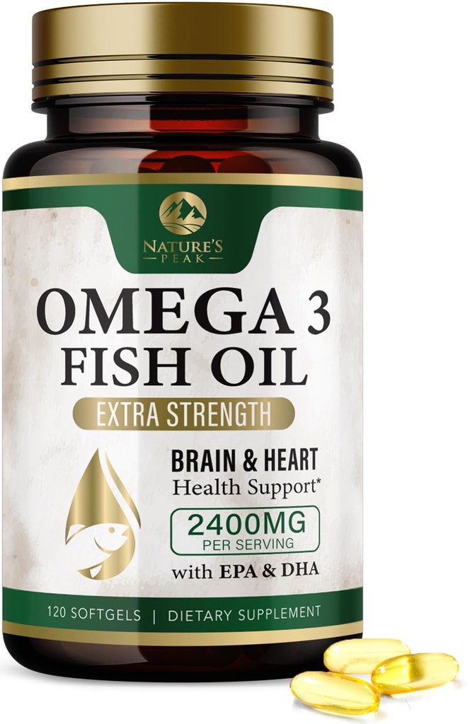 Omega 3 Fish Oil Pills 2400mg - 三重力量 Omega 3 Fish Oil Supplies - Best EPA & DHA Fatty Acids for Brain & Heart Health Support, Nature's Omega3 Supplies, 60日供应 - 120软胶