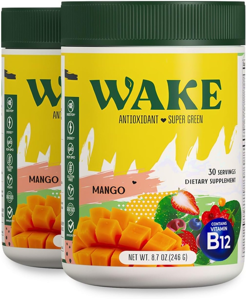 Wake Antioxidant Super Greens,Greens Powder to Reduce Bloat, Spirulina & Chlorella, Vitamin B12, Non-GMO, Healthy Digestion for Women, Enzymes, Probiotics, Acai Berry & Camu Camu, 2 pcs for 1 cost