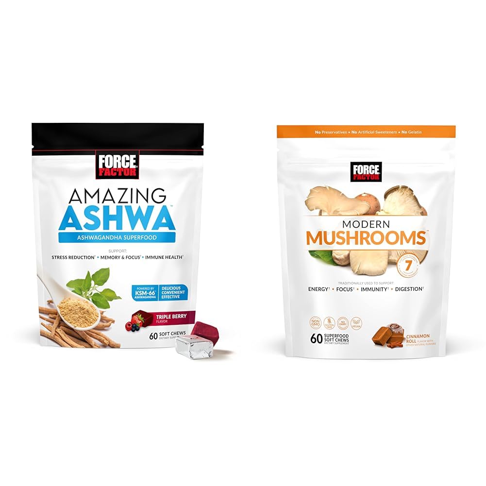 强制因子 Ashwagandha & Mushroom 补充剂 与 KSM-66 Ashwagandha , 7 个蘑菇, 60个软厨