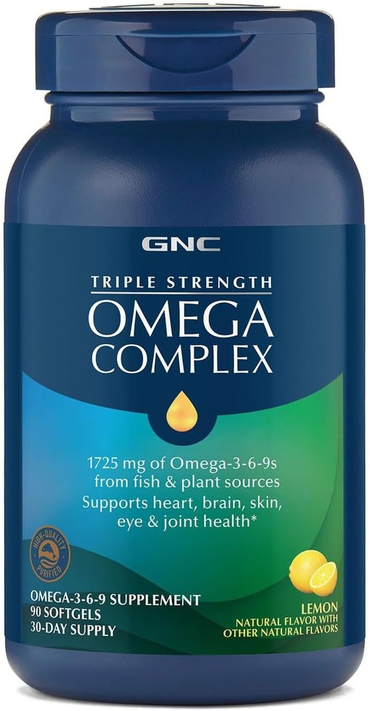 GNC 三强Omega Complex Omega 3, 6, 9 Supplement, 1725mg, Lemon Flavor, 支持心,脑,皮肤,眼和联合健康, 90 Softgels