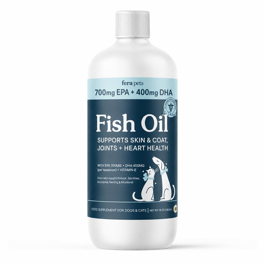 Fera Pets Fish Oil - Omega 3 for Dogs & Cats to support 关节,心脏,皮肤和煤炭健康 - 非转基因生物与维生素E - 8 oz
