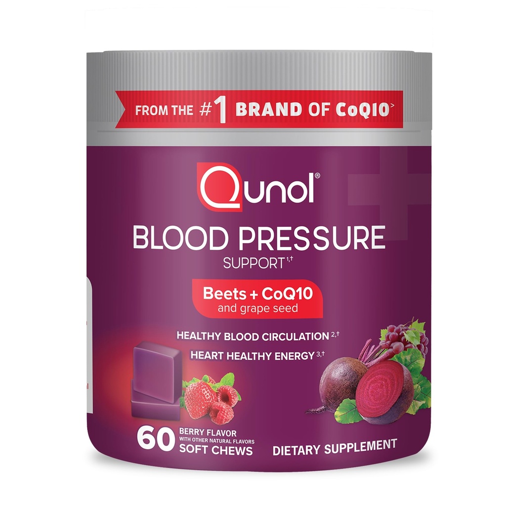 Qunol Beets Chews 血压支持, 1 个 Beets + CoQ10 + 葡萄种子提取, 支持健康血液循环和心脏健康能源, 60 个 Chews