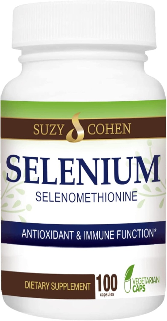 Suzy Cohen Selenium 补充200 mcg, 保持健康的心脏, 免疫系统, 支持甲状腺素, 蛋白质功能, Yeast Free Chelated Tummy 友好氨基酸, 高度生物可用性, 100 Veg Capsule