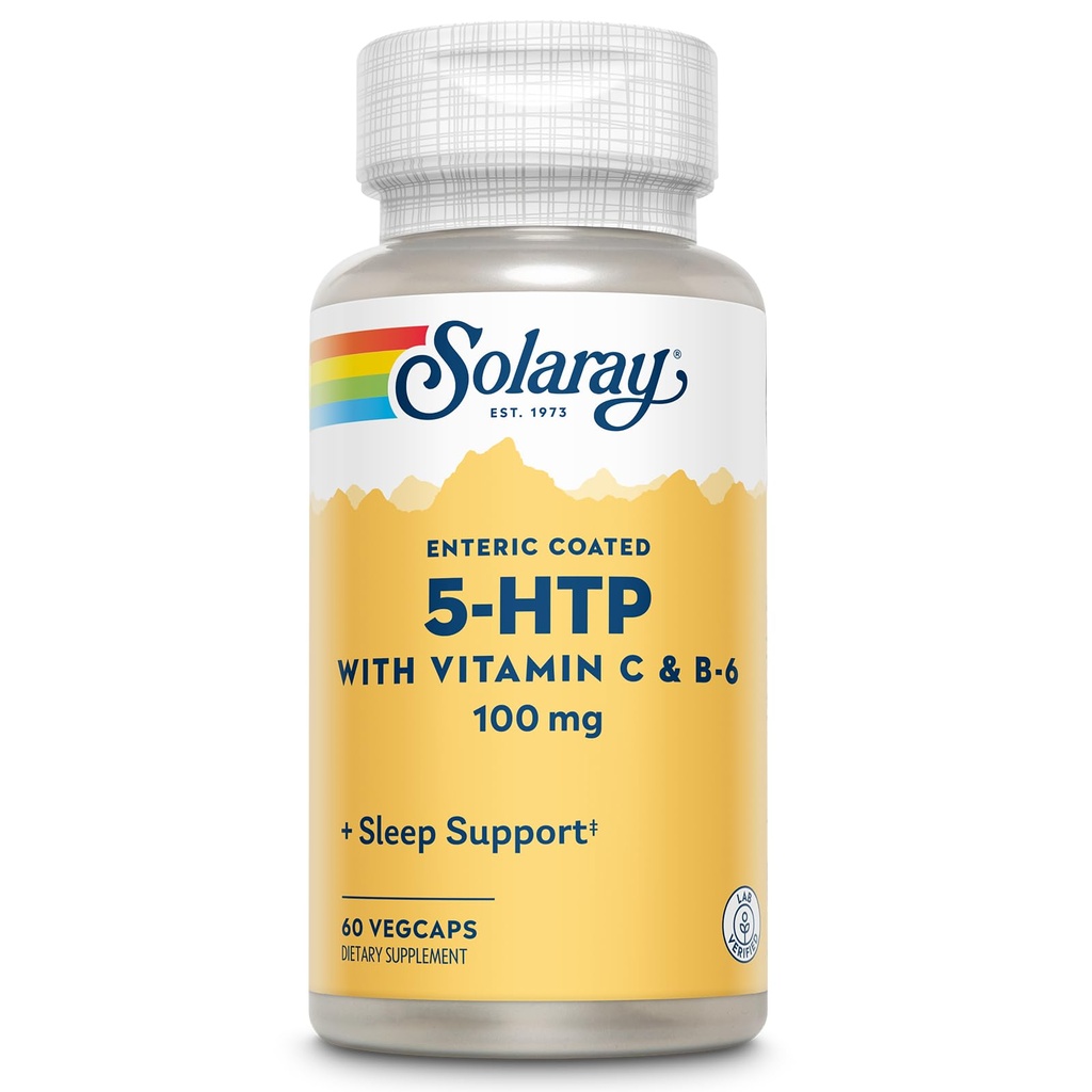 SOLARAY 5 HTP 补充维生素C和B-6 - 睡眠补充和血清素合成支持 - 实验室验证,60天钱包保证 - 60个服务,60个肠内卷曲蔬菜