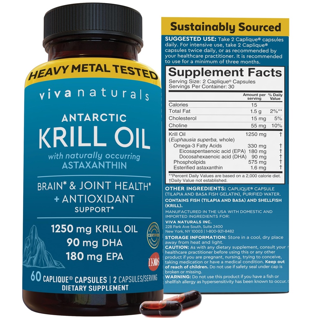 自然万岁 南极磷虾油 Omega 3 补充品 1250 mg - DHA EPA Omega-3 & Astaxanthin 联合健康浓度,无鱼 Burp - 60 Krill 油囊