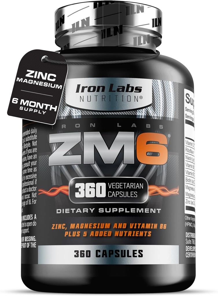 铁实验室 ZM6 – 6个月供应量 – 锌镁分层补充剂 – 360 Vegetarian Capsules – 镁和锌男女补充剂