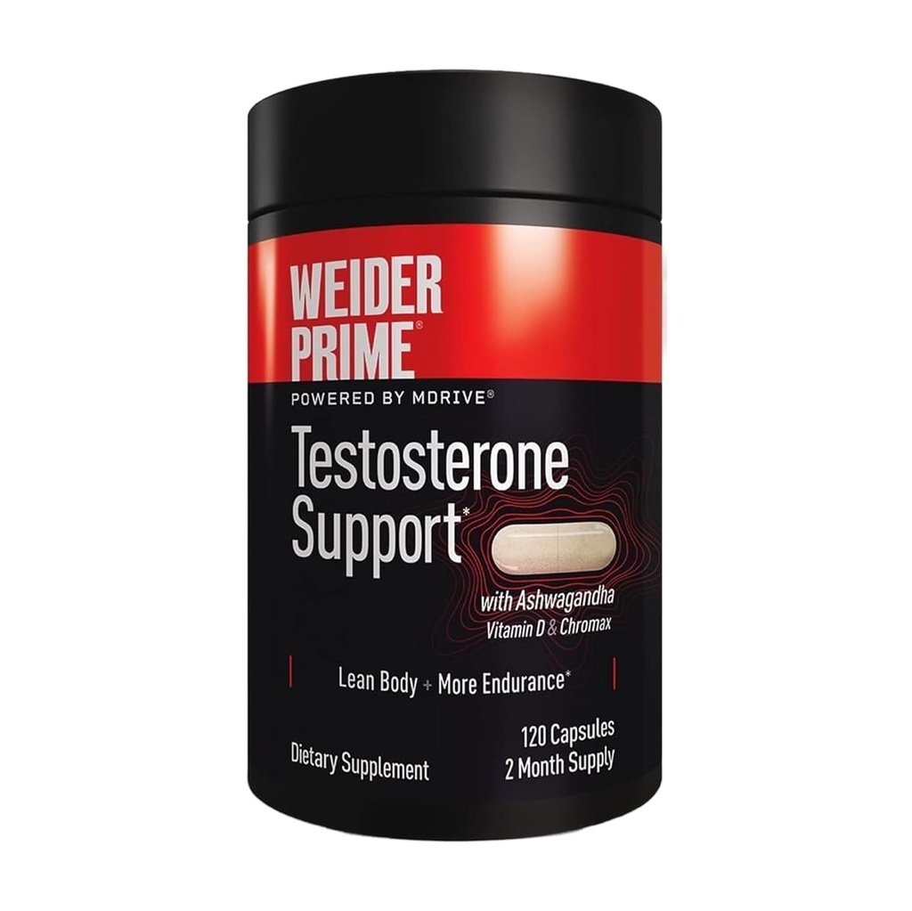 Weider Prime Testosterone Support - Men's Nutrition - Enriched with Vitamins & Minerals - with Ashwagandha, Chromax Chromium, Bioperine & Zinc - Gluten Free - 120 Capsules