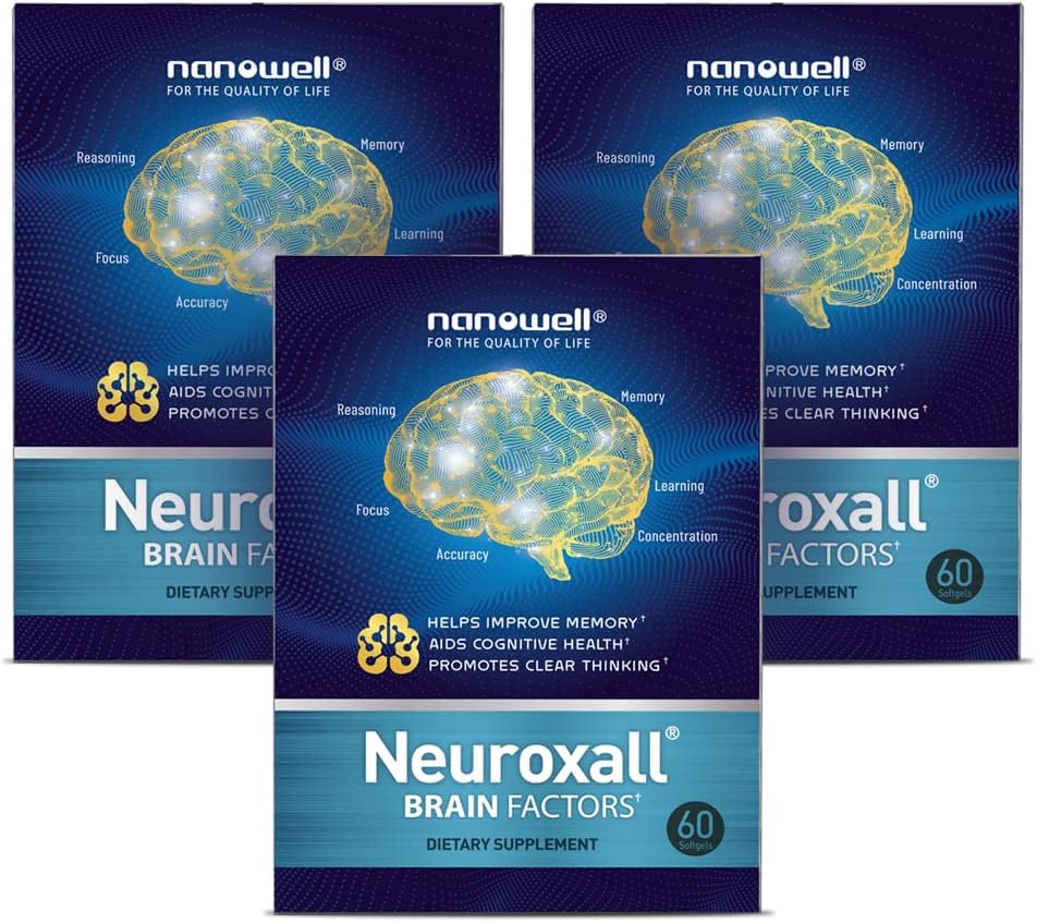 NANOWELL Neuroxall Brain Health Supplement for Enhanced Cognitive Function and Mental Clarity, Astaxanthin, Ginkgo Biloba Extract, Antioxidant - 60 Softgels X 3 Boxes for 3 Months (180 Count)