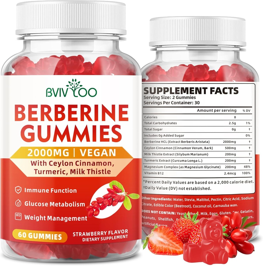 Berberine Gummys,Sugar Free 2000mg High Potency Berberine HCI 补编,加锡兰肉桂,女性和男性的牛奶硝酸盐,免疫系统和代谢支持-60 Gummys