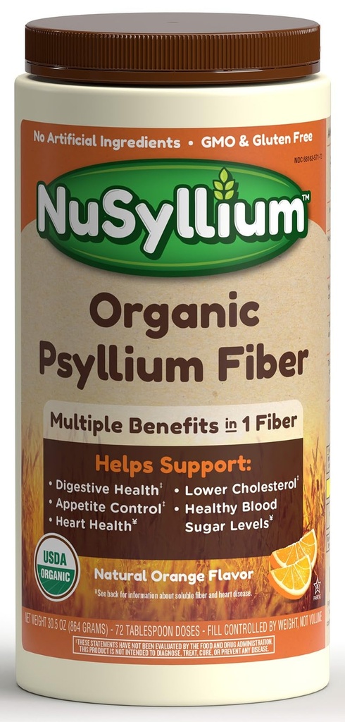 Nusyllium Psyllium Husk Powder, USDA Official, 30.5 Oz, 含有棕糖的饮食纤维补充剂, 有助于消化健康* 天然橙, 72种服务
