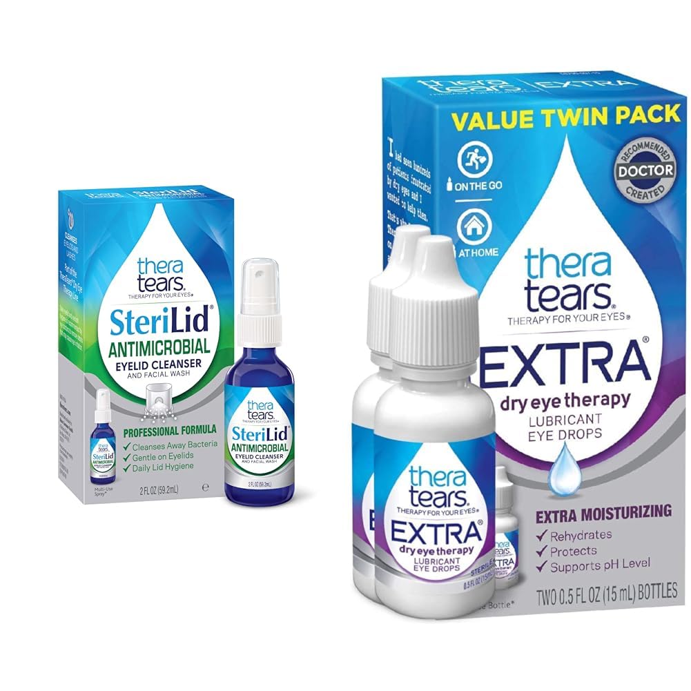 TheraTears 外干眼治疗润滑眼滴干眼,0.5 fl oz瓶,2 Counter & SteriLid Eylid Cleanser and Face Wash,用于刺激眼,2 fl oz Spray