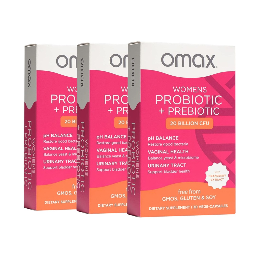 Omax3 Womens Probiotic + Prebiotic, Cranberry & Chicory Root, 20 Billion CFU, 6 Clinically Proven Strains, Vaginal pH, UTI, Bloating, (Packaging May Vary) | 90 Vege Capsules (3 Boxes)