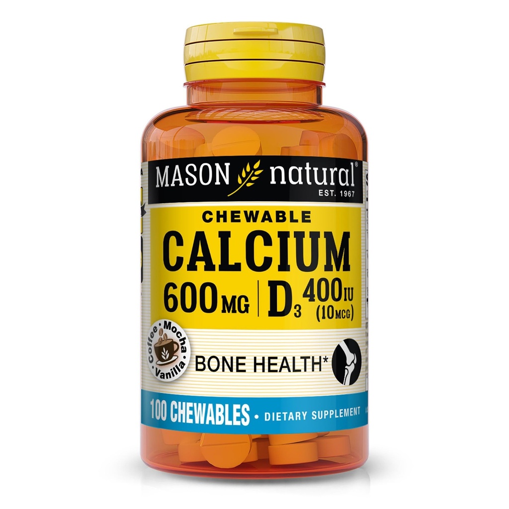 MASON 天然钙 600 mg,配有维生素D3,100天供应,支持健康骨骼和正常肌肉功能,咖啡摩卡Flavor,100 Chewables