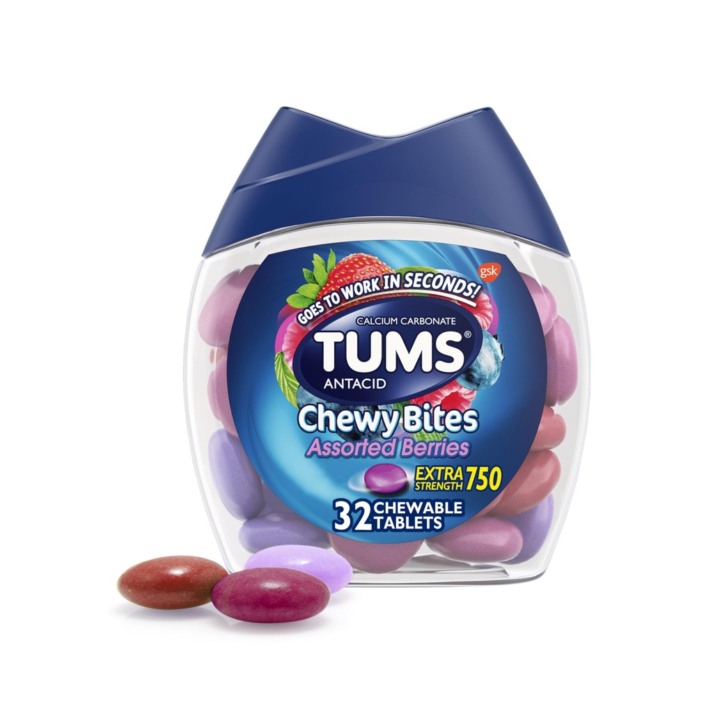 TUMS Chewy Bites Antacid 药片,用于Chewwable Heartburn & Acid 消化不良反应,各种贝里,32个
