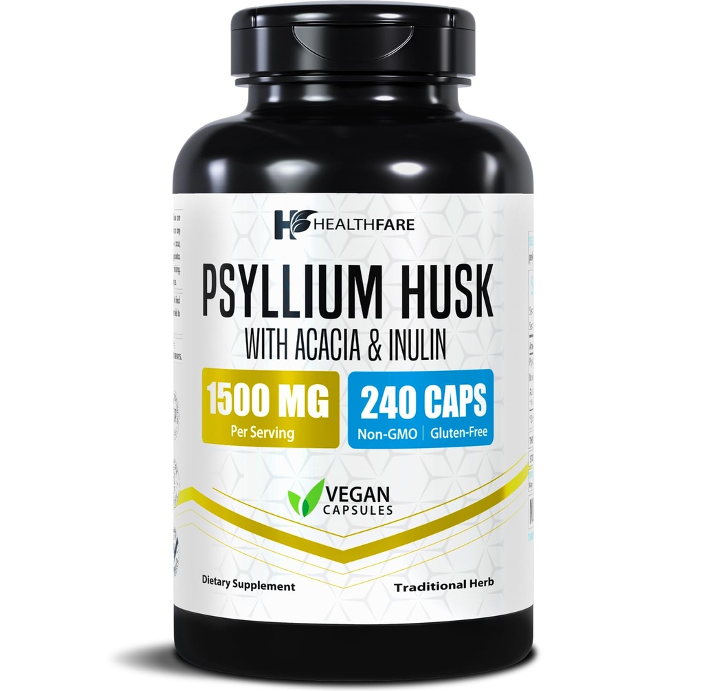 健康费 Psyllium Husk Fiber 1500mg | 240 Vegan Capsules | 超强纤维补充 | 支持消化健康 | Non-GMO, Gluten-free | 美国制造