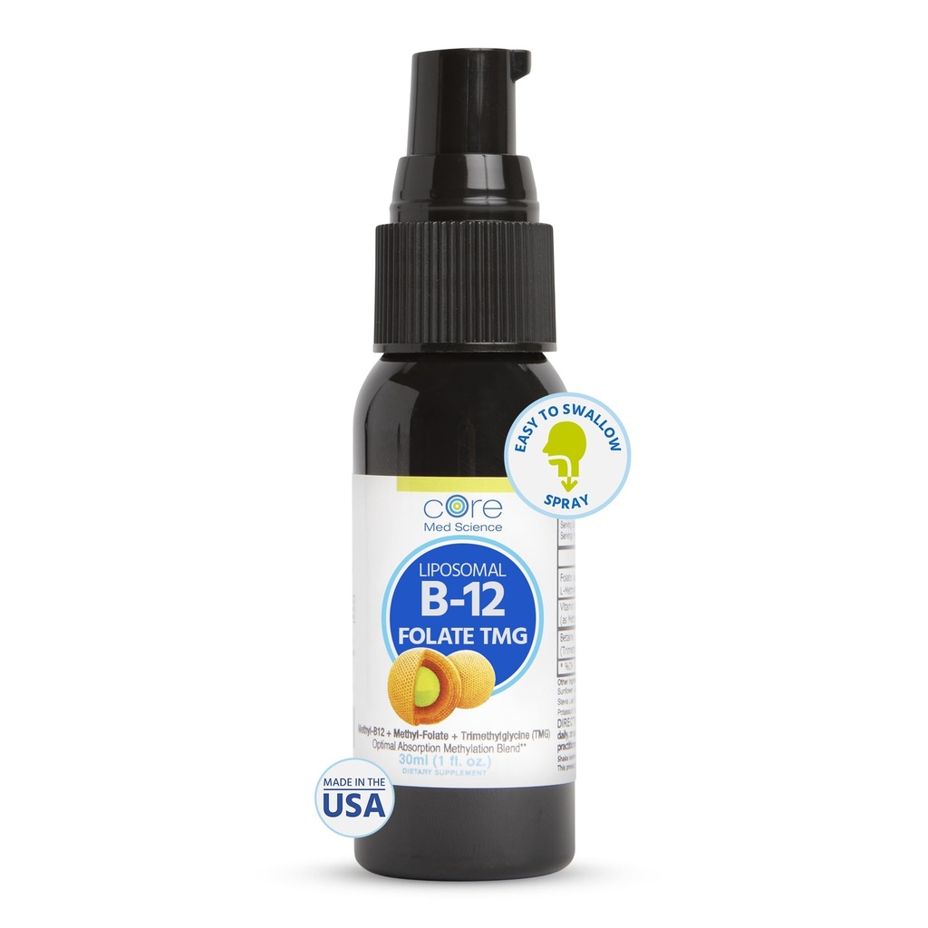 核心医学 Liposomal B12 Folate TMG 液喷补充剂,供妇女和男子使用 -- -- 支持Mood、认知、和心脏健康 -- -- 维生素B9和Btaine 用于Homocysteine水平和甲基化循环,1 Fl Oz