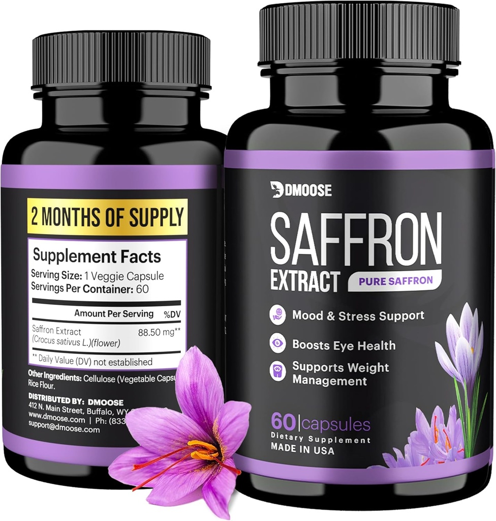 DMOOSOE Saffron Extract (88.5 mg) - 增强能量,支持眼部健康 - 非GMO Saffron Supplement for Men and Women - 60 Capsules (2个月服务) (60个计数)