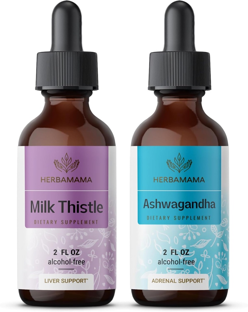 HERBAMAMA 草药液滴 Kit - 牛奶茶叶抽取和 Ashwagandha 根茎的套装 2 fl oz - Vegan, 非 GMO, 糖和无酒精 - 2 包