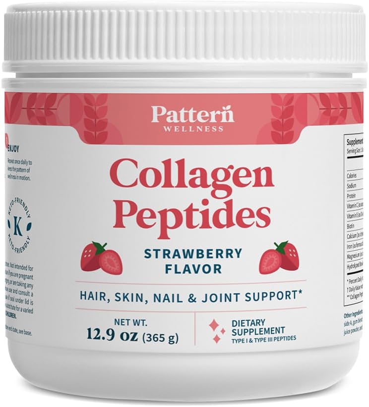 Pattern Wellness Collagen Peptides Powder(第I & III版) - 头发,钉子,皮肤和联合支持 - 草药和草药 - 发光 - 水解,非GMO,乳品自由, & Keto-Friendly - 草莓(13 Oz)