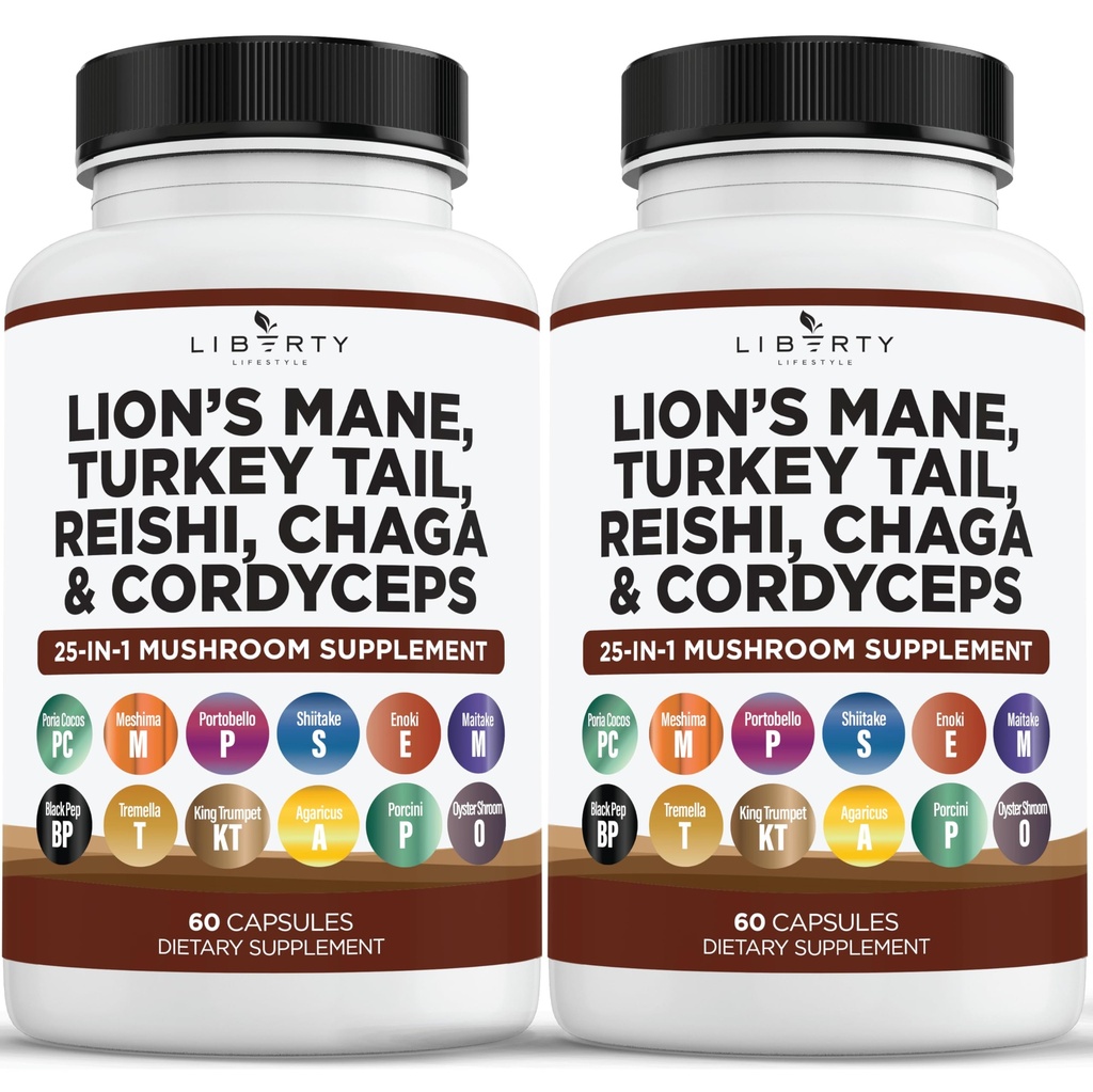 狮子马恩蘑菇 与土耳其的Tail Reishi Cordyceps Chaga 和 棉花糖根 - 2-Pack