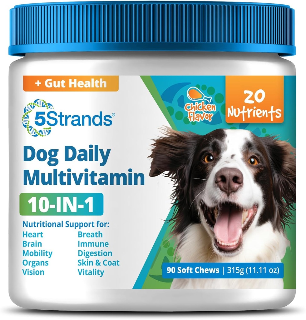 5Strands Dog 多维特敏 Chews, 10in-1, 维生素和后生素, All Ages & Breeds - 消化,脑,器官,心脏,流动,视觉,皮肤和肥料,Immune 健康 - 狗补充品(鸡,90cmt)