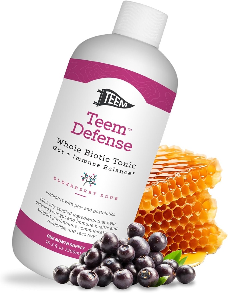 Teem Defense Liquid Probiotic with Elderberry,《全生物托尼用于消化和免疫》,《儿童与成年人的生前Probiotic & Postbiotic补充品》,30天供应 – 16.3 Fl.Oz