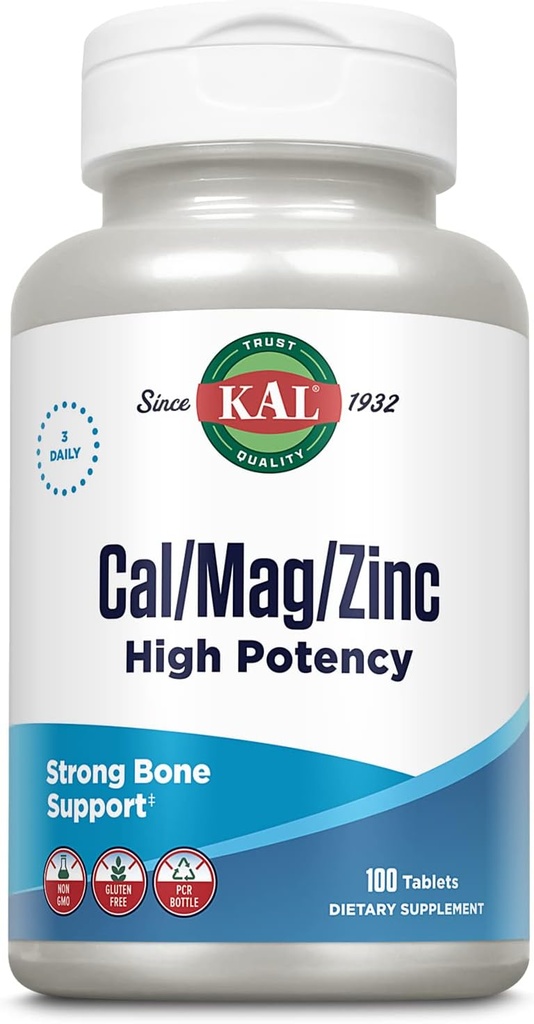 KAL Cal/Mag/Zinc 1000mg 钙、400mg 镁和15mg 锌 | 骨、肌肉、心脏和免疫支持 | 100ct, 33 Serv