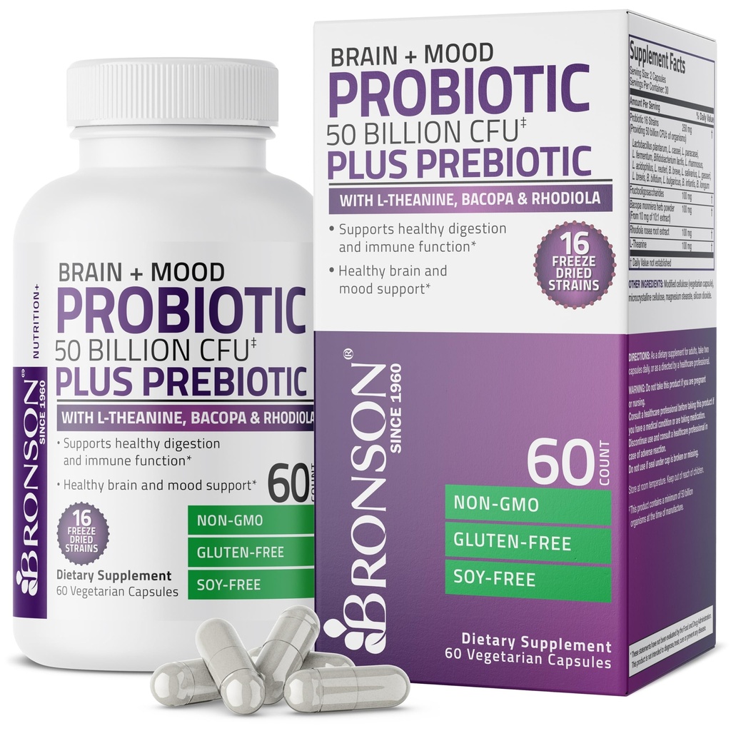 Bronson Brain + Mood Probiotic 50亿CFU Plus Prebiotic 配有 L-Theanine, Bacopa 和 Rhodiola Non-GMO, 60 蔬菜卡普尔