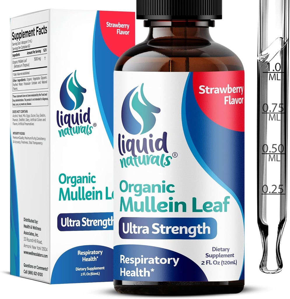 Mullein Drops for Lungs, 2 Fl. Oz, Mullein Leaf Extract for Lungs Strawberry Flavor, Mullien Lung Detox and Cleanse, Mullen Tincture Support for Healthy Breathing