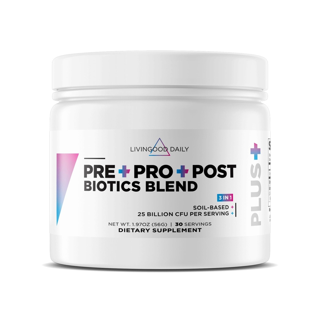 Livingood Daily Pre Pro Post Biotics Blend Powder, 含有来自有机蓝藻胰岛素, SBO Probiotics, 女性和男性的Probiotics, 非转基因生物, Vegan, 30种服务品的消化性健康补充剂