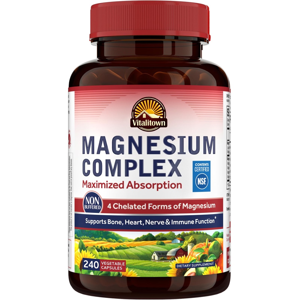 Vitalitown Magnesium Complex 500mg, 最大化吸收, NSF 认证 甘油酸铬, Malate, Taurate & Citrate for Sleep, Energy & Heart, Vegan, Non-GMO 240 Caps
