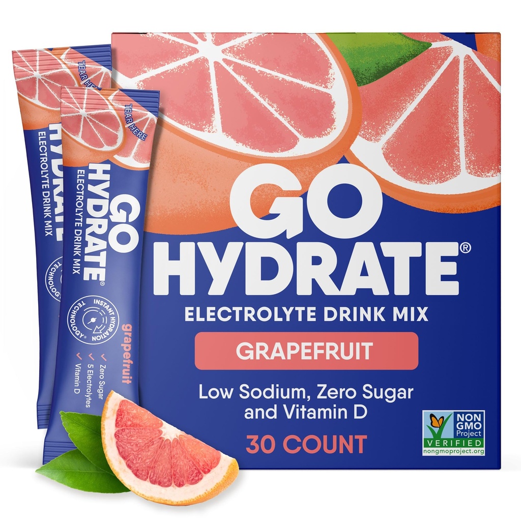 GoHydrate 低钠电解质 Powrolytes 糖无糖 - 即时水分日饮 - 零糖水 Flavor Packet Singles with Vitamin D - (葡萄果, 30 Packs)