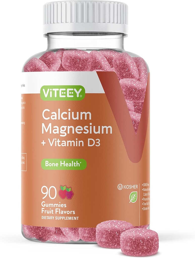 Viteey Calcium Gummys 配有维生素D3和镁补充骨质健康 - 女性和男性可选钙补充剂 - Gluten-Free,非GMO - 90 Counter