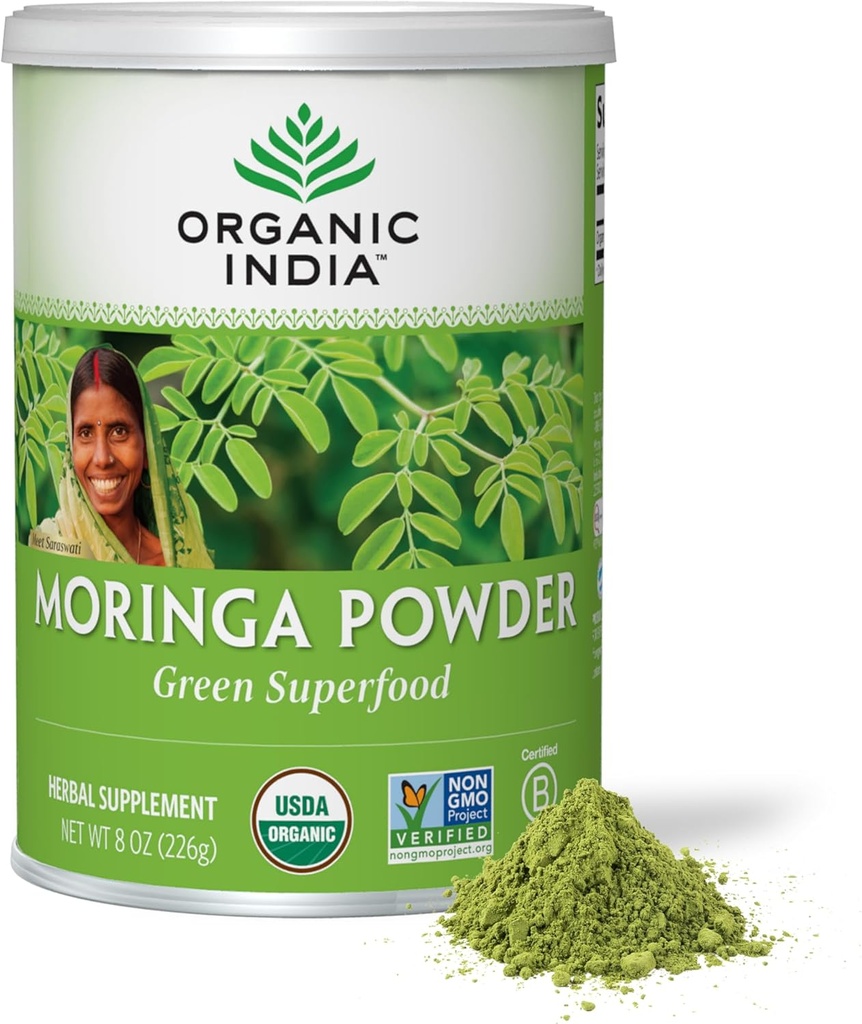 ORGANIC INDIA 莫林加粉 - 莫林加奥利费拉叶草药补充剂 绿色超级食品 营养丹斯 纯植物蛋白 维生素A, E, K, 铁, 钙, Fiber, Vegan, USA认证有机体 - 8 oz