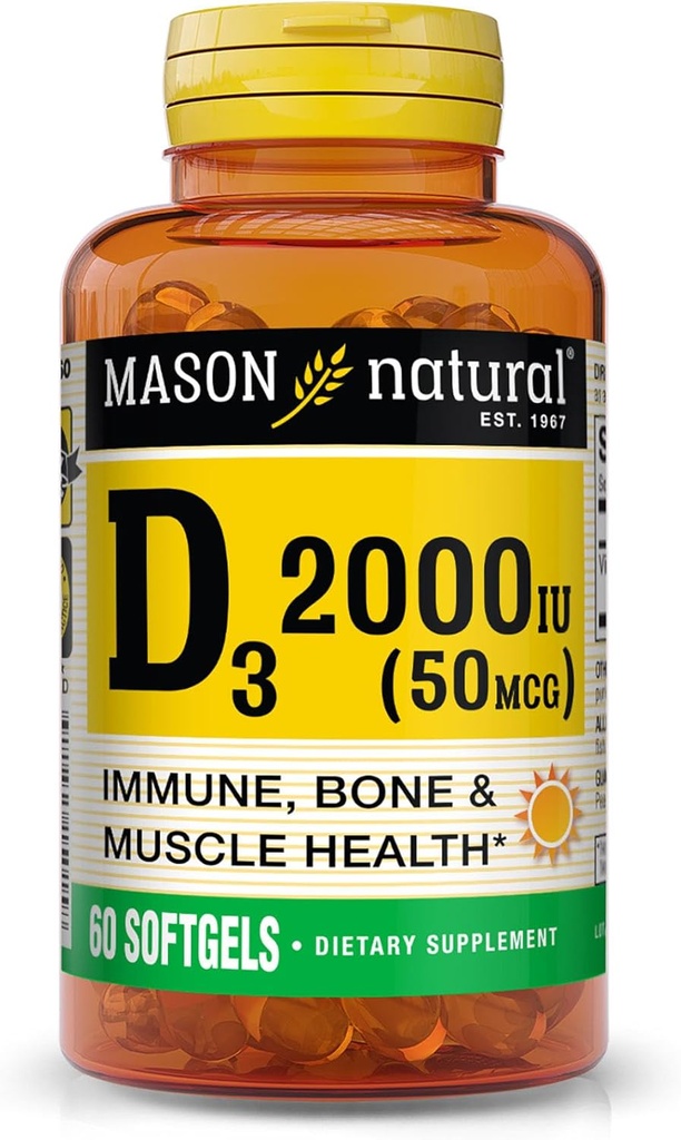 MASON 天然维生素D3 2 000 IU 超强、支持骨密度、强力和免疫健康、60软胶