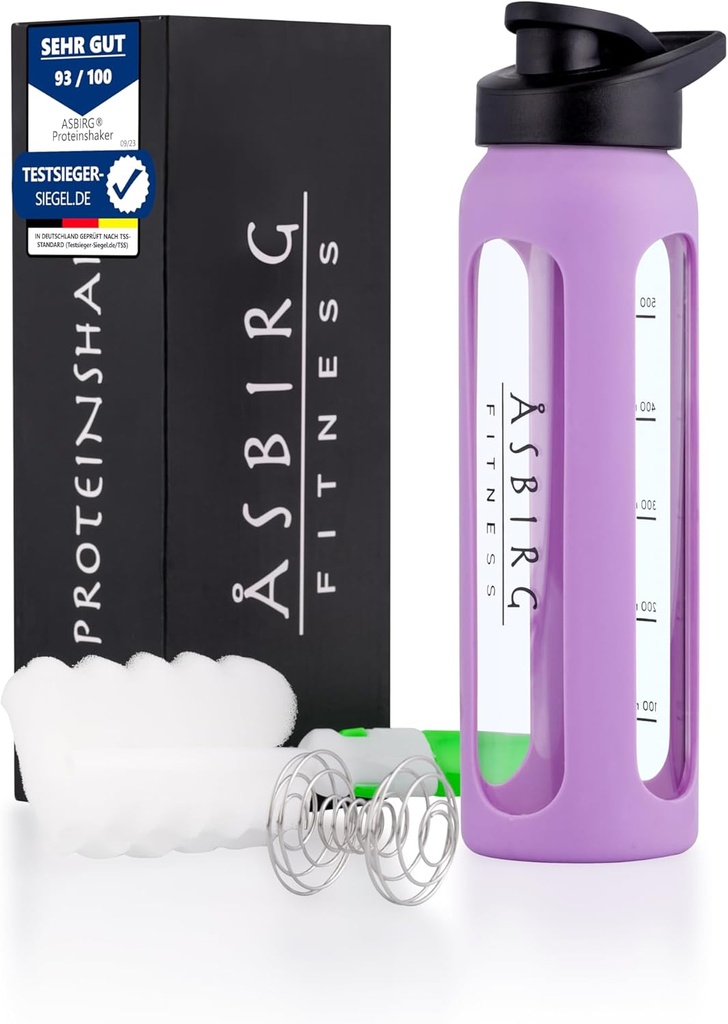 Fitness 24 oz Glass Protein Shaker Bottle – BPA- Free, Leak Defense Lid,无污钢混合球 & Silicone Sleeve – Gym Shaker 用于滑动,摇动和预战 – Pastel 紫色