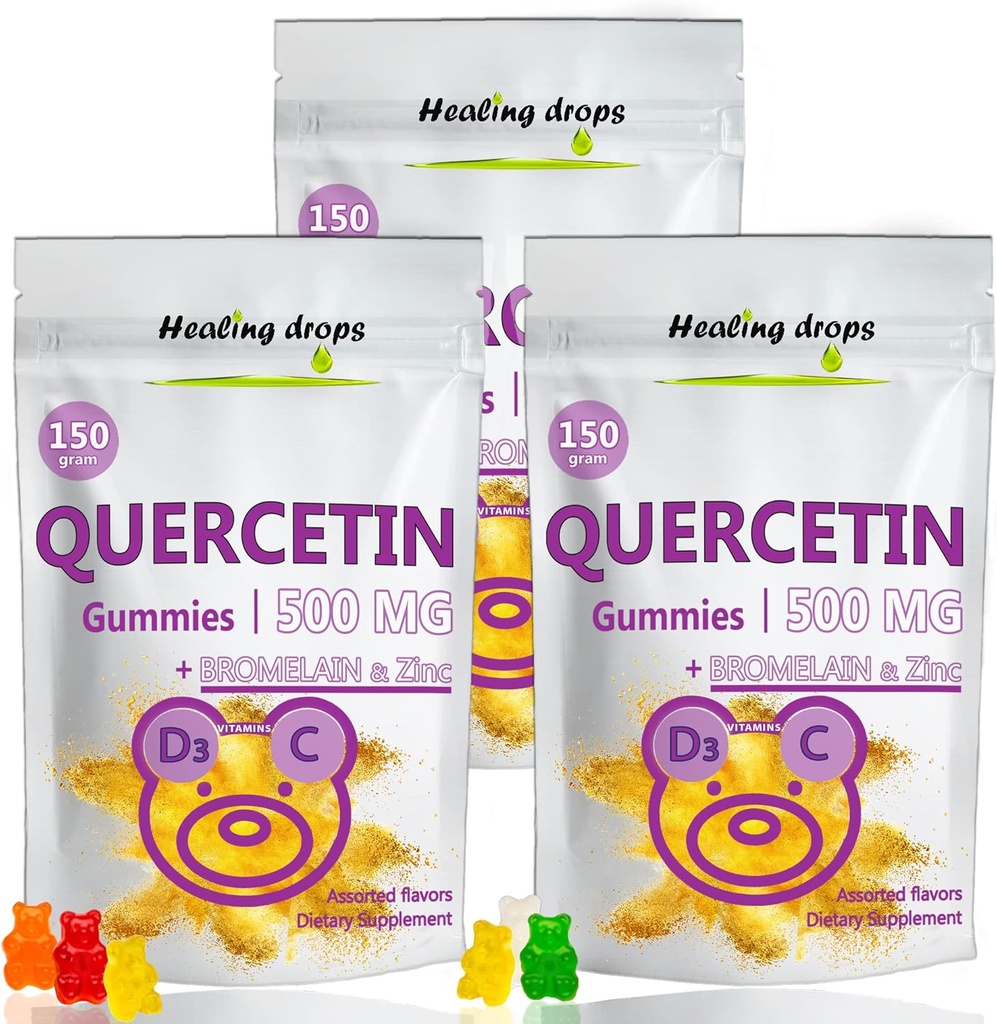 奎西丁与布洛梅兰·古米(英语:Bromelain Gummys) - 维生素C + 锌+ 维生素D3 - 奎西丁500mg 古米(3包) 儿童与成年人的奎西丁.